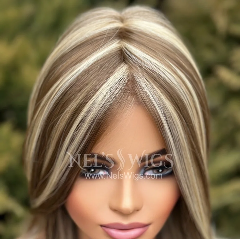 Nels Wigs Kay Light Brunette & Blonde Highlights Monofilament Wig - Picture 4 of 15